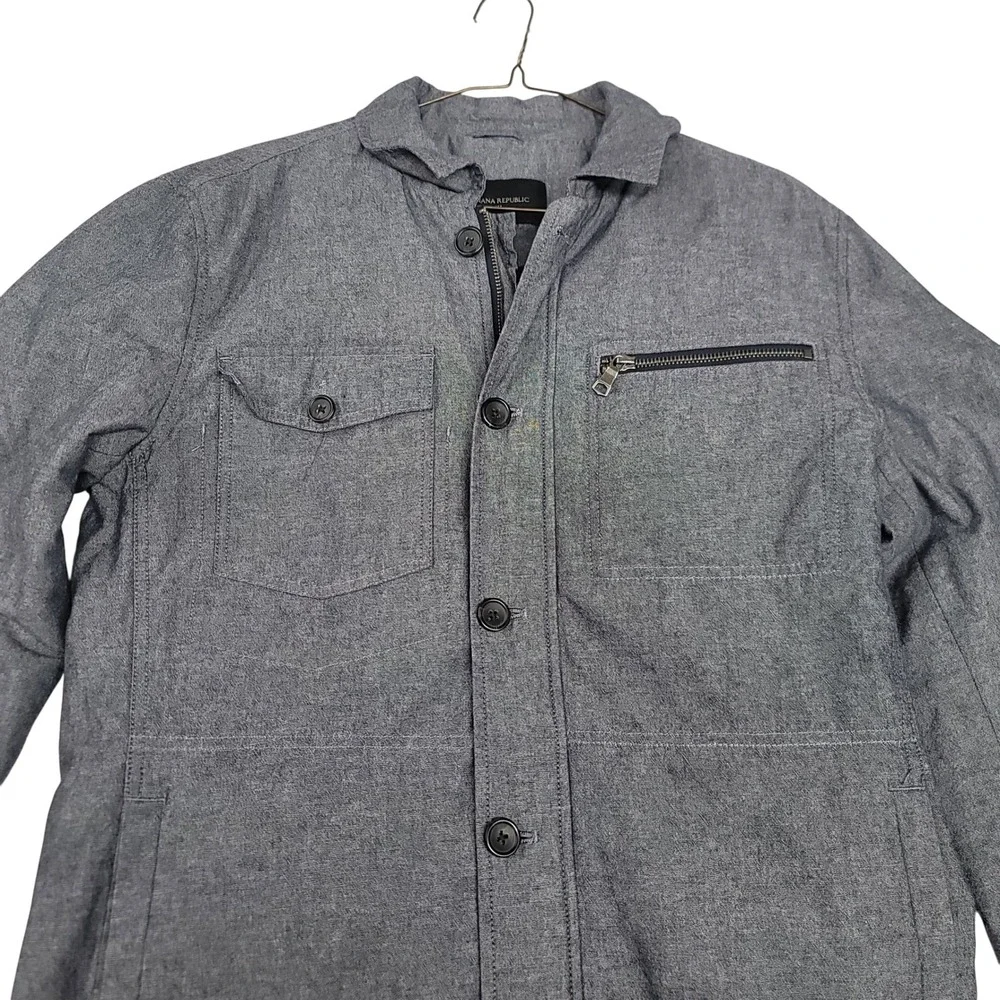Banana Republic Men's Gray Chambray Utility Jacket Zip‎ Front Button Pocket M